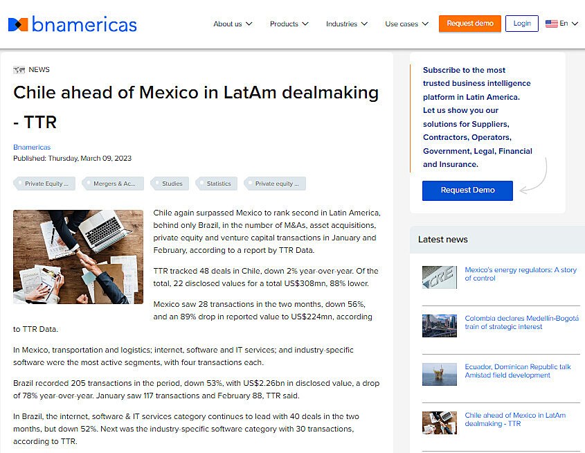 Chile ahead of Mexico in LatAm dealmaking - TTR